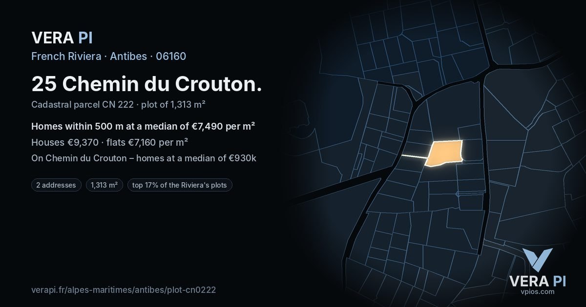 25 Chemin du Crouton, Antibes at night – the plot lit, the parcels around coloured by the prices near them