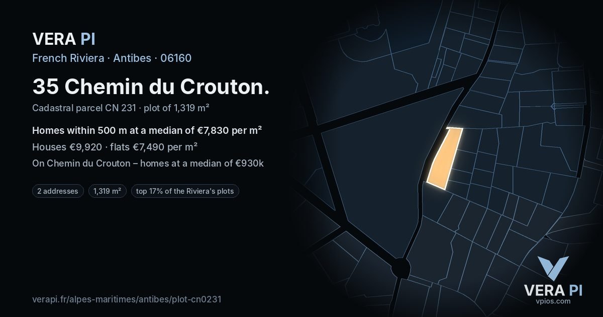 35 Chemin du Crouton, Antibes at night – the plot lit, the parcels around coloured by the prices near them