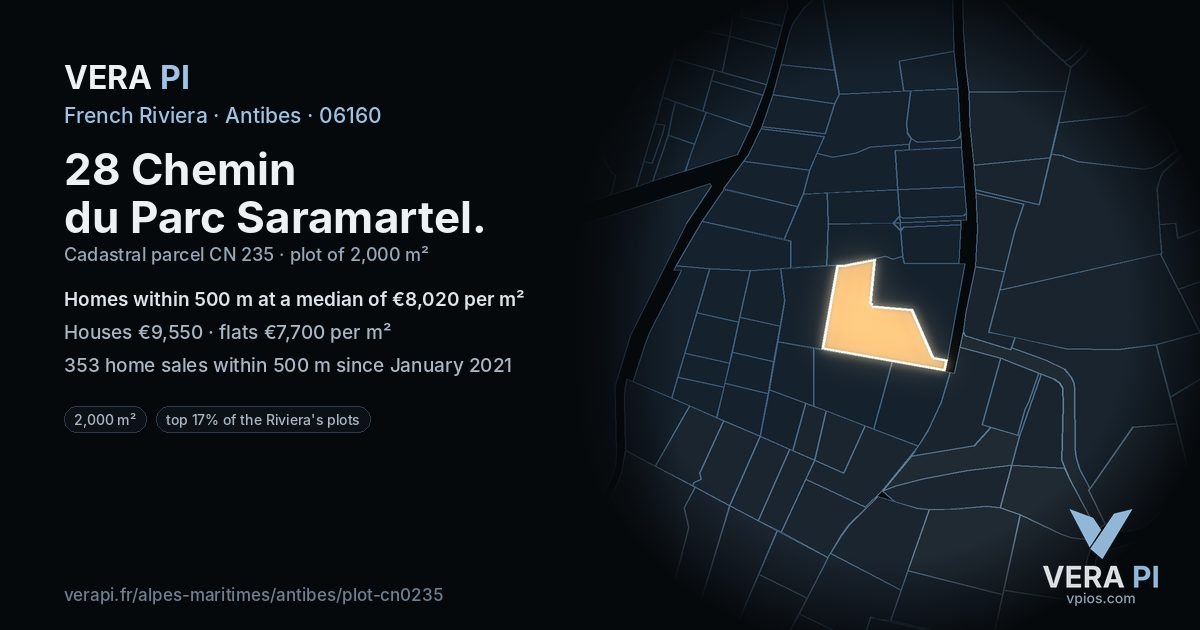 28 Chemin du Parc Saramartel, Antibes at night – the plot lit, the parcels around coloured by the prices near them