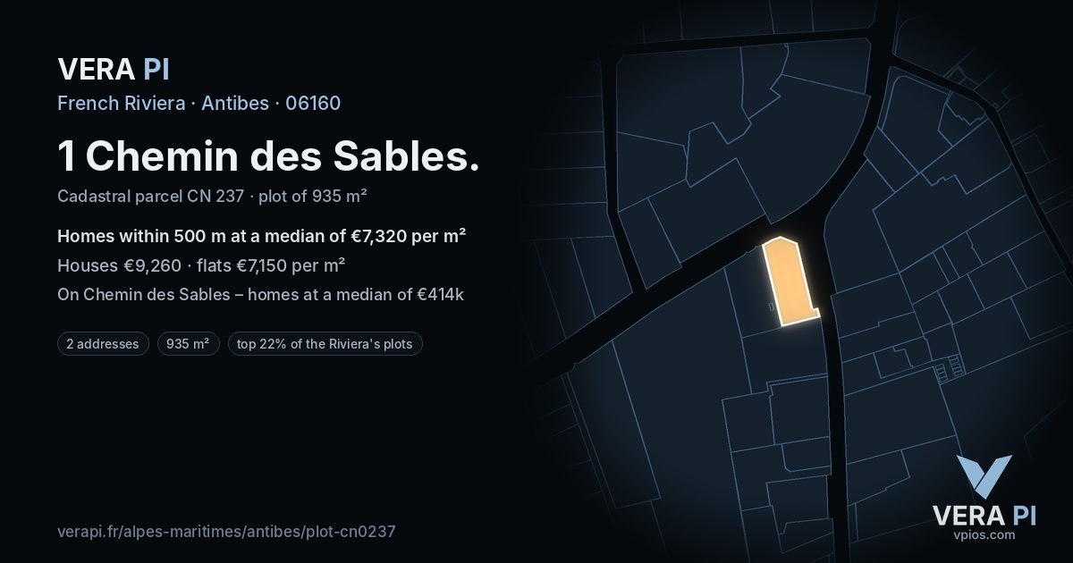 1 Chemin des Sables, Antibes at night – the plot lit, the parcels around coloured by the prices near them