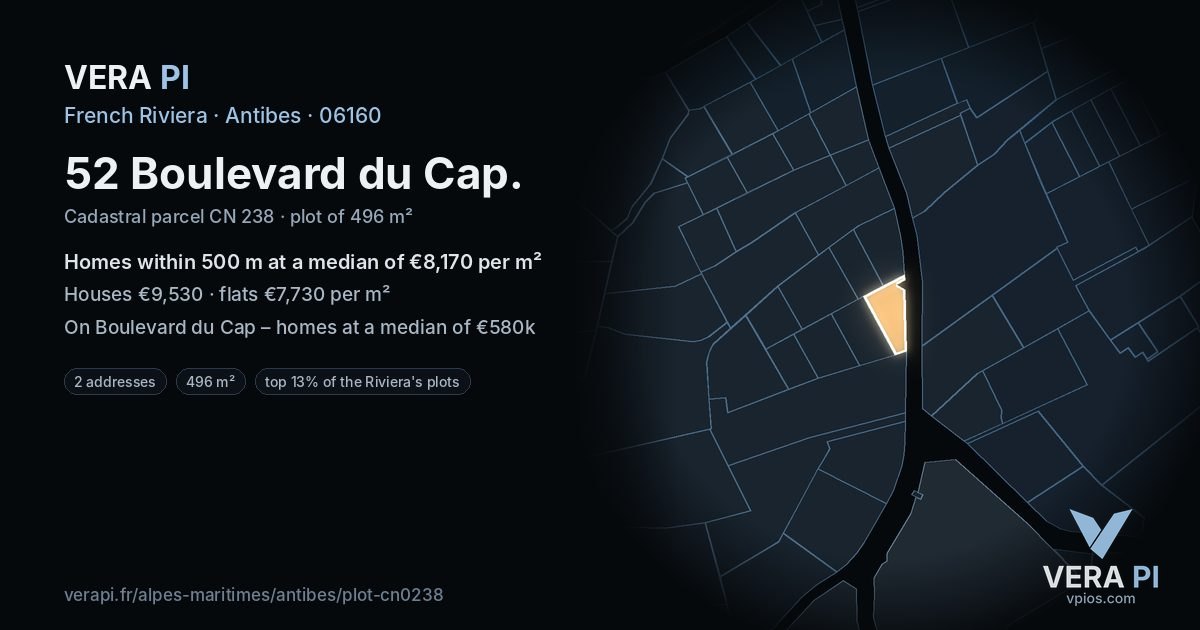 52 Boulevard du Cap, Antibes at night – the plot lit, the parcels around coloured by the prices near them