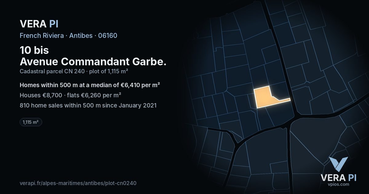 10 bis Avenue Commandant Garbe, Antibes at night – the plot lit, the parcels around coloured by the prices near them