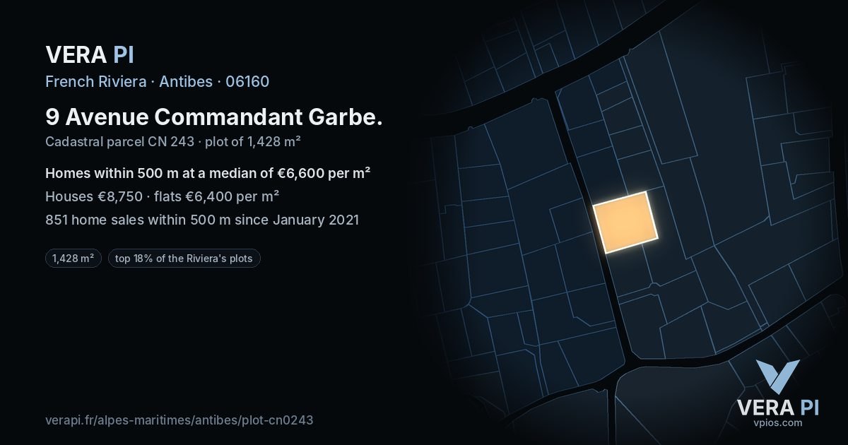9 Avenue Commandant Garbe, Antibes at night – the plot lit, the parcels around coloured by the prices near them