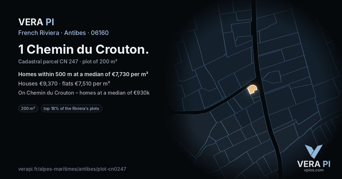 1 Chemin du Crouton, Antibes at night – the plot lit, the parcels around coloured by the prices near them
