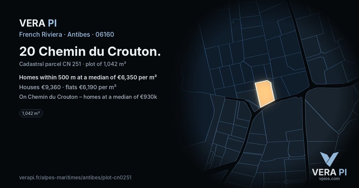 20 Chemin du Crouton, Antibes at night – the plot lit, the parcels around coloured by the prices near them