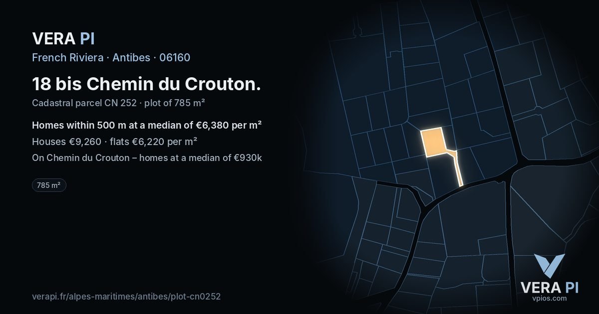 18 bis Chemin du Crouton, Antibes at night – the plot lit, the parcels around coloured by the prices near them