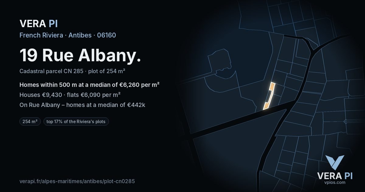 19 Rue Albany, Antibes at night – the plot lit, the parcels around coloured by the prices near them