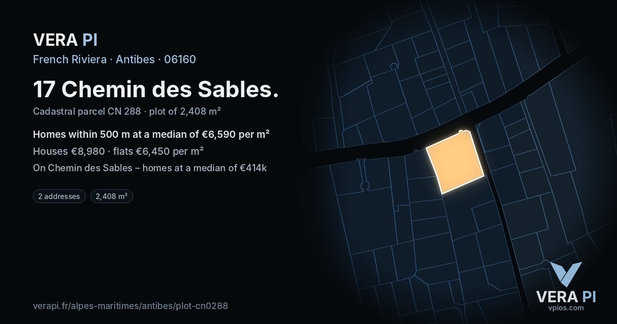 17 Chemin des Sables, Antibes at night – the plot lit, the parcels around coloured by the prices near them