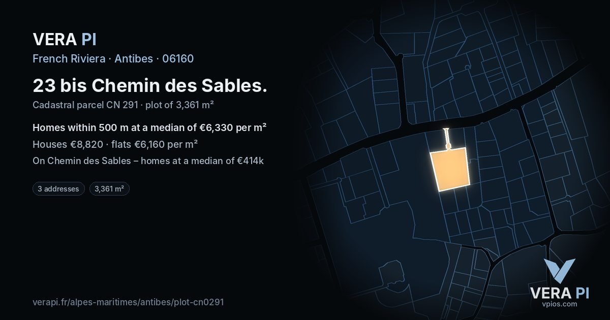 23 bis Chemin des Sables, Antibes at night – the plot lit, the parcels around coloured by the prices near them