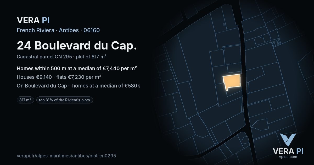 24 Boulevard du Cap, Antibes at night – the plot lit, the parcels around coloured by the prices near them