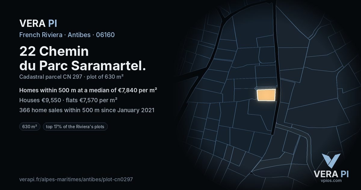 22 Chemin du Parc Saramartel, Antibes at night – the plot lit, the parcels around coloured by the prices near them