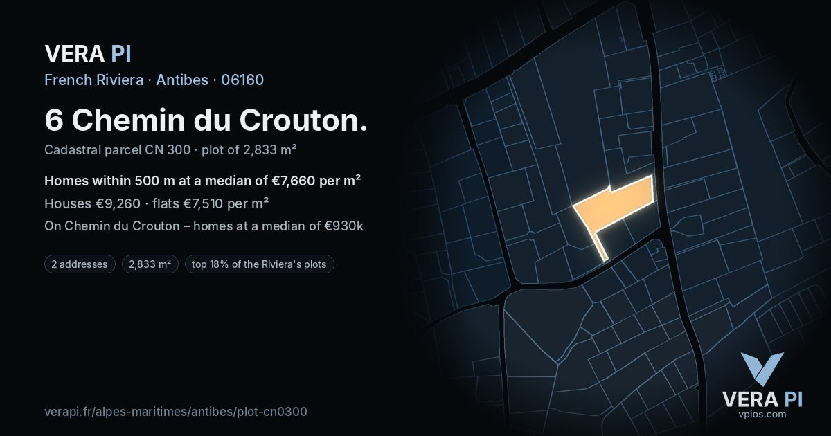 6 Chemin du Crouton, Antibes at night – the plot lit, the parcels around coloured by the prices near them