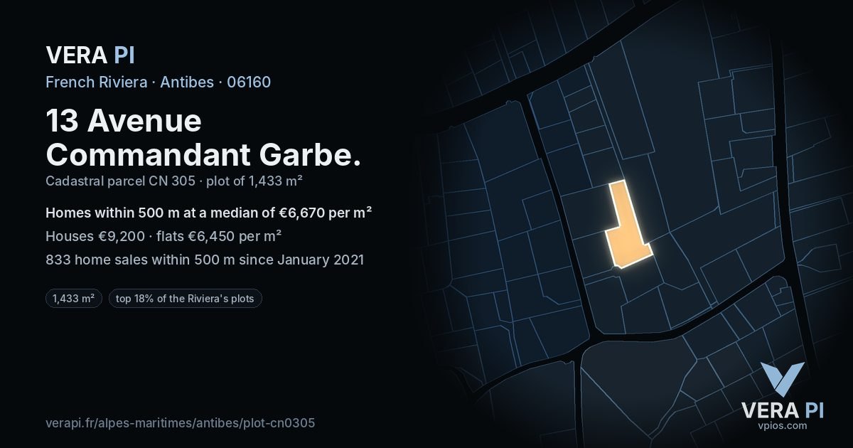 13 Avenue Commandant Garbe, Antibes at night – the plot lit, the parcels around coloured by the prices near them