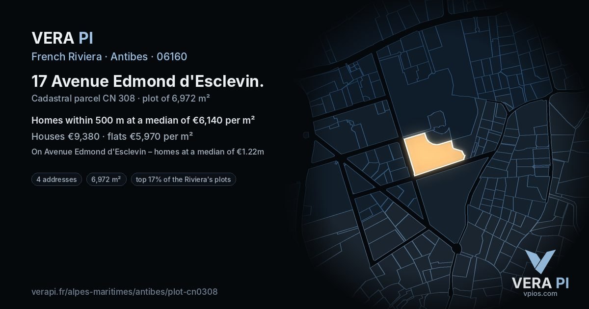 17 Avenue Edmond d'Esclevin, Antibes at night – the plot lit, the parcels around coloured by the prices near them