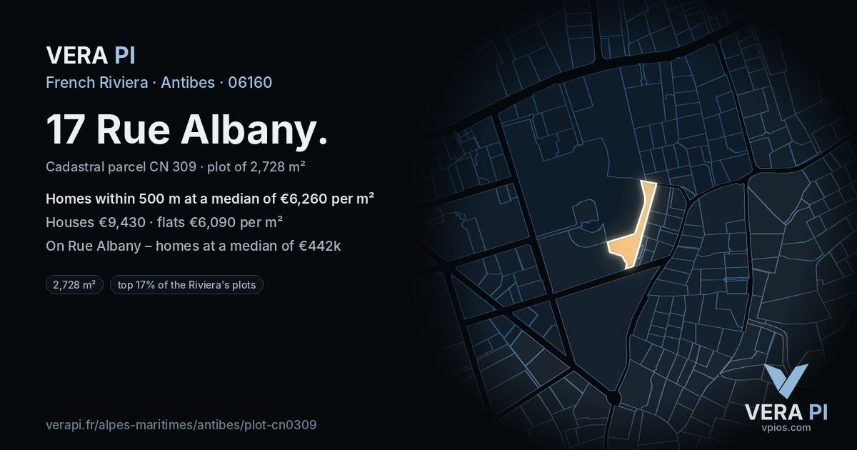 17 Rue Albany, Antibes at night – the plot lit, the parcels around coloured by the prices near them