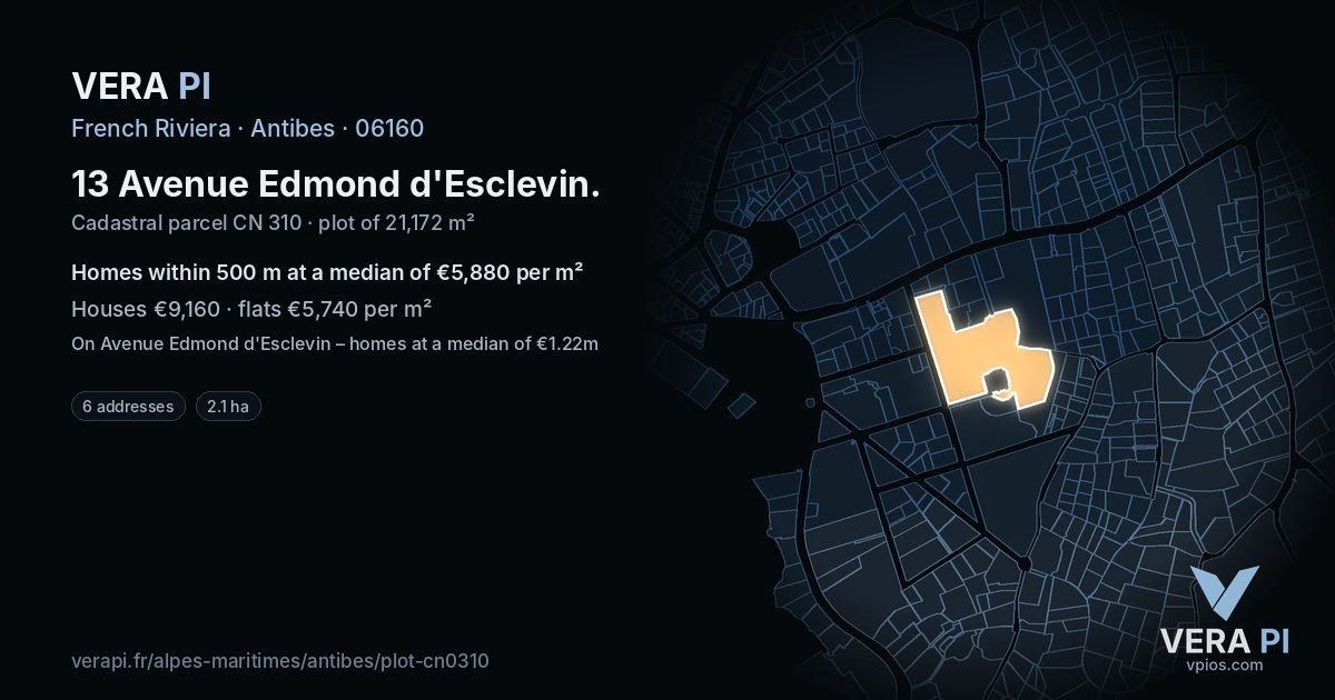 13 Avenue Edmond d'Esclevin, Antibes at night – the plot lit, the parcels around coloured by the prices near them