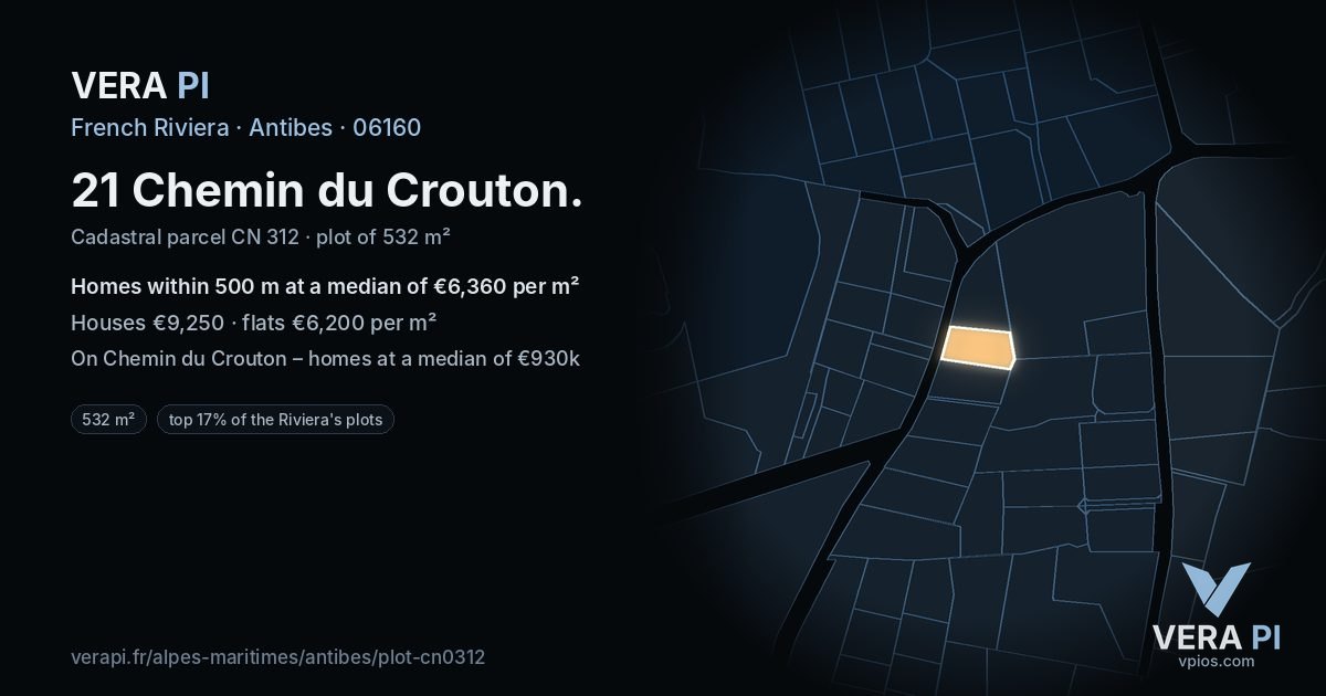 21 Chemin du Crouton, Antibes at night – the plot lit, the parcels around coloured by the prices near them