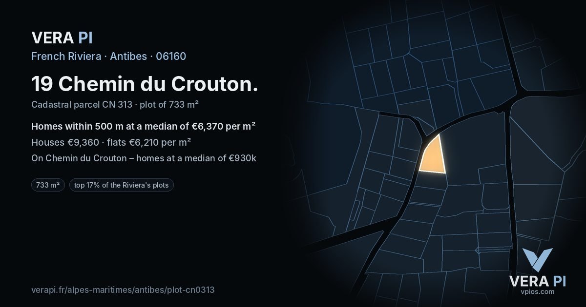 19 Chemin du Crouton, Antibes at night – the plot lit, the parcels around coloured by the prices near them