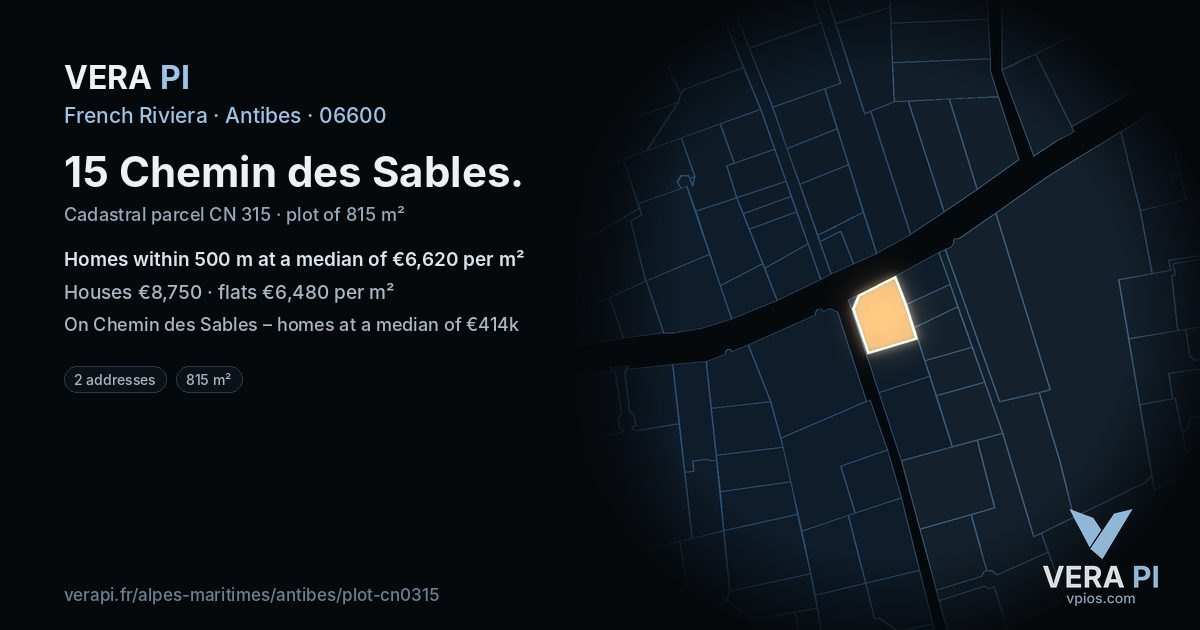 15 Chemin des Sables, Antibes at night – the plot lit, the parcels around coloured by the prices near them