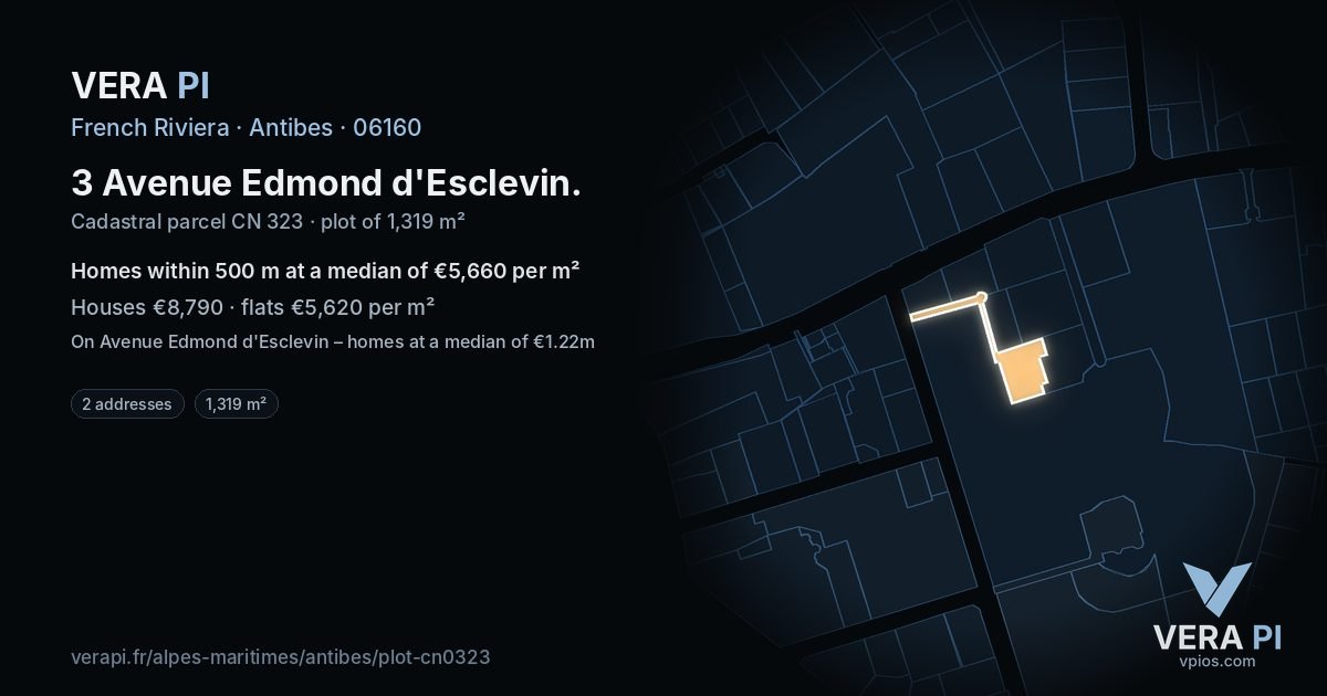 3 Avenue Edmond d'Esclevin, Antibes at night – the plot lit, the parcels around coloured by the prices near them