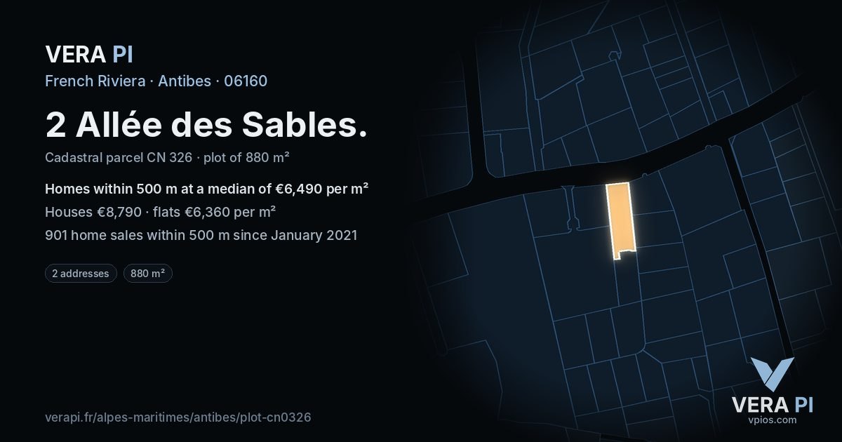 2 Allée des Sables, Antibes at night – the plot lit, the parcels around coloured by the prices near them