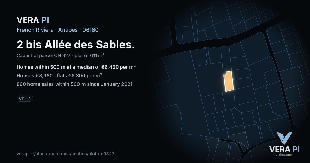 2 bis Allée des Sables, Antibes at night – the plot lit, the parcels around coloured by the prices near them