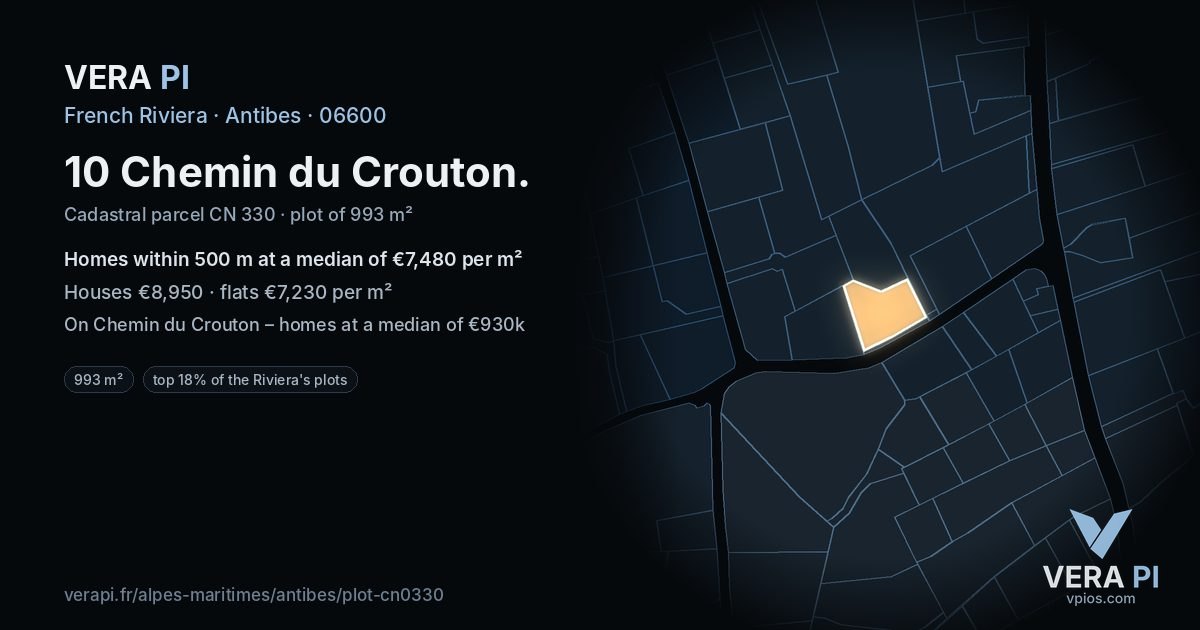 10 Chemin du Crouton, Antibes at night – the plot lit, the parcels around coloured by the prices near them