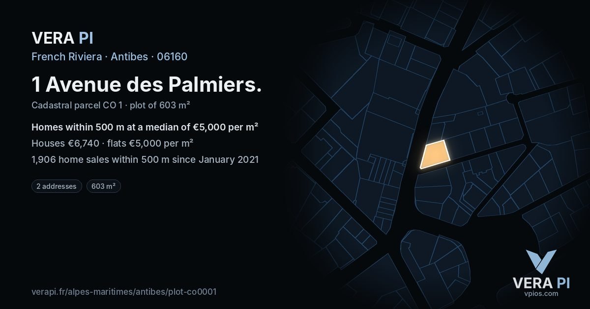 1 Avenue des Palmiers, Antibes at night – the plot lit, the parcels around coloured by the prices near them