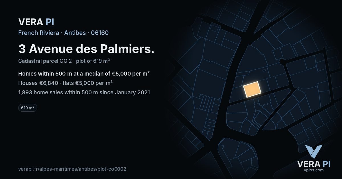 3 Avenue des Palmiers, Antibes at night – the plot lit, the parcels around coloured by the prices near them