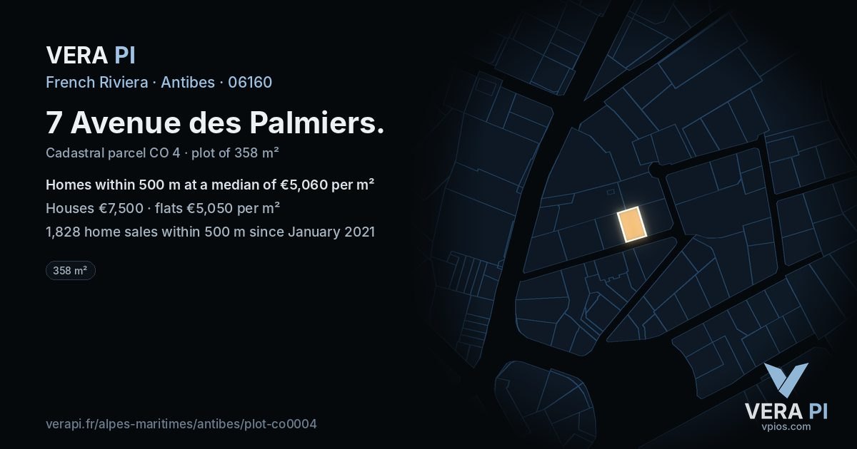 7 Avenue des Palmiers, Antibes at night – the plot lit, the parcels around coloured by the prices near them