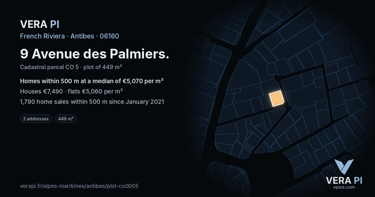 9 Avenue des Palmiers, Antibes at night – the plot lit, the parcels around coloured by the prices near them