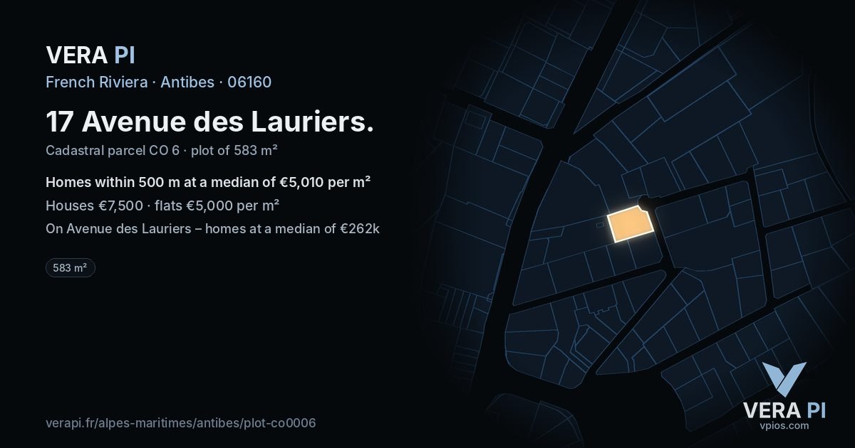 17 Avenue des Lauriers, Antibes at night – the plot lit, the parcels around coloured by the prices near them