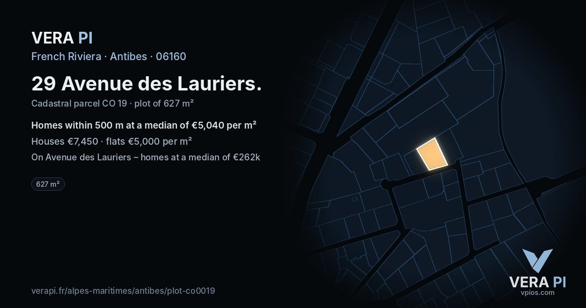 29 Avenue des Lauriers, Antibes at night – the plot lit, the parcels around coloured by the prices near them