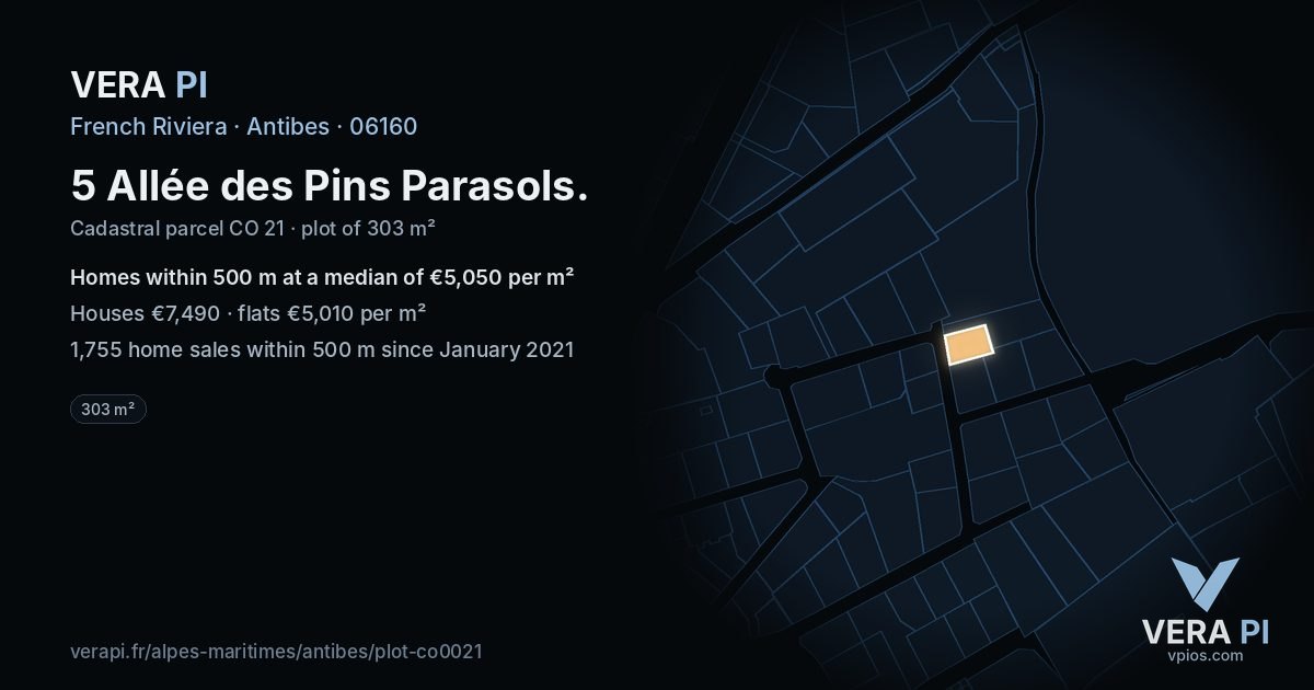5 Allée des Pins Parasols, Antibes at night – the plot lit, the parcels around coloured by the prices near them