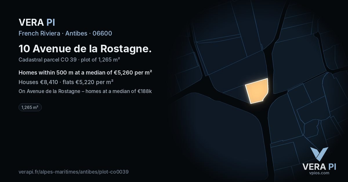 10 Avenue de la Rostagne, Antibes at night – the plot lit, the parcels around coloured by the prices near them
