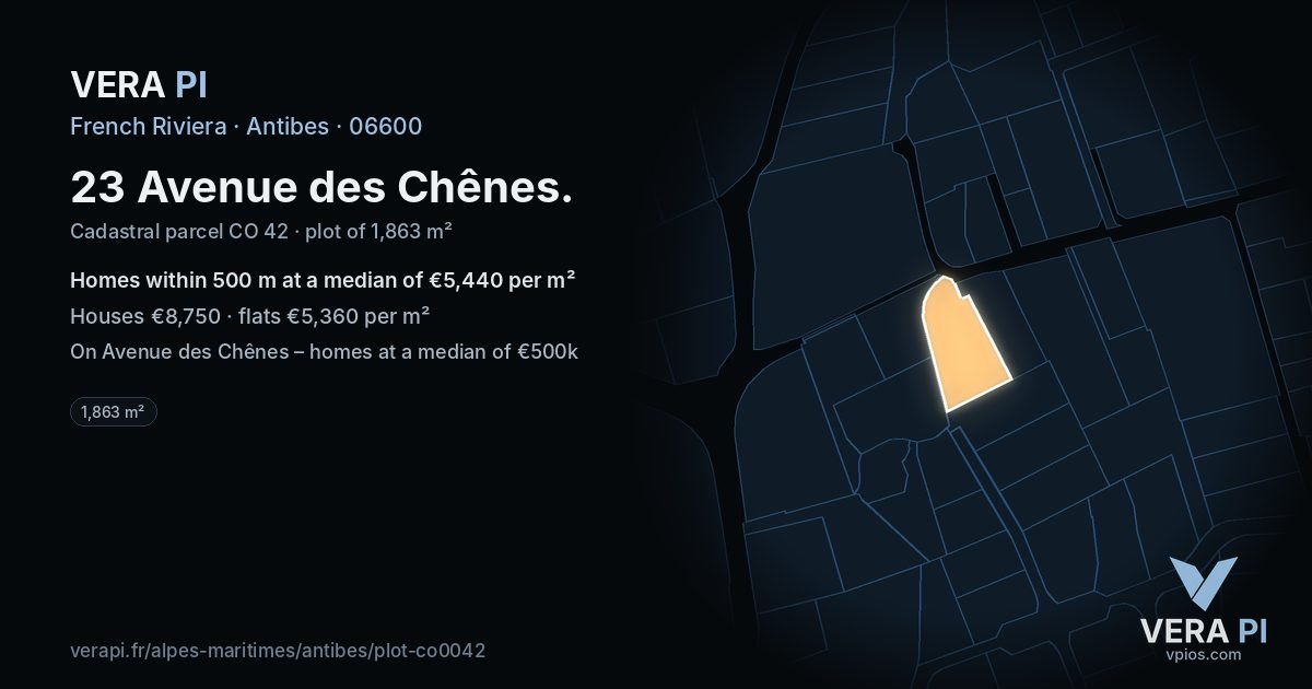 23 Avenue des Chênes, Antibes at night – the plot lit, the parcels around coloured by the prices near them