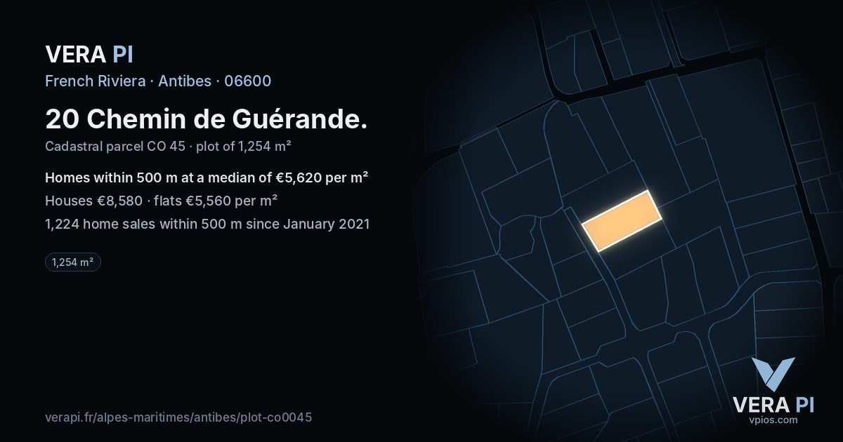 20 Chemin de Guérande, Antibes at night – the plot lit, the parcels around coloured by the prices near them