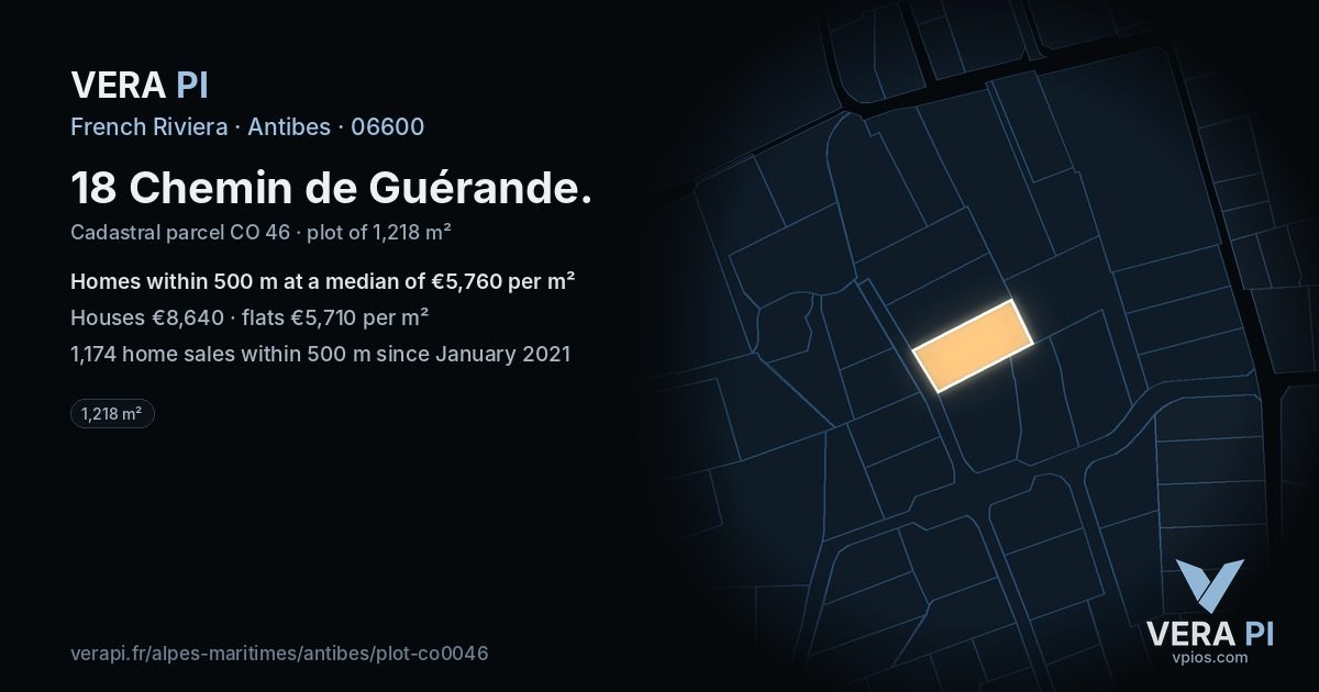 18 Chemin de Guérande, Antibes at night – the plot lit, the parcels around coloured by the prices near them