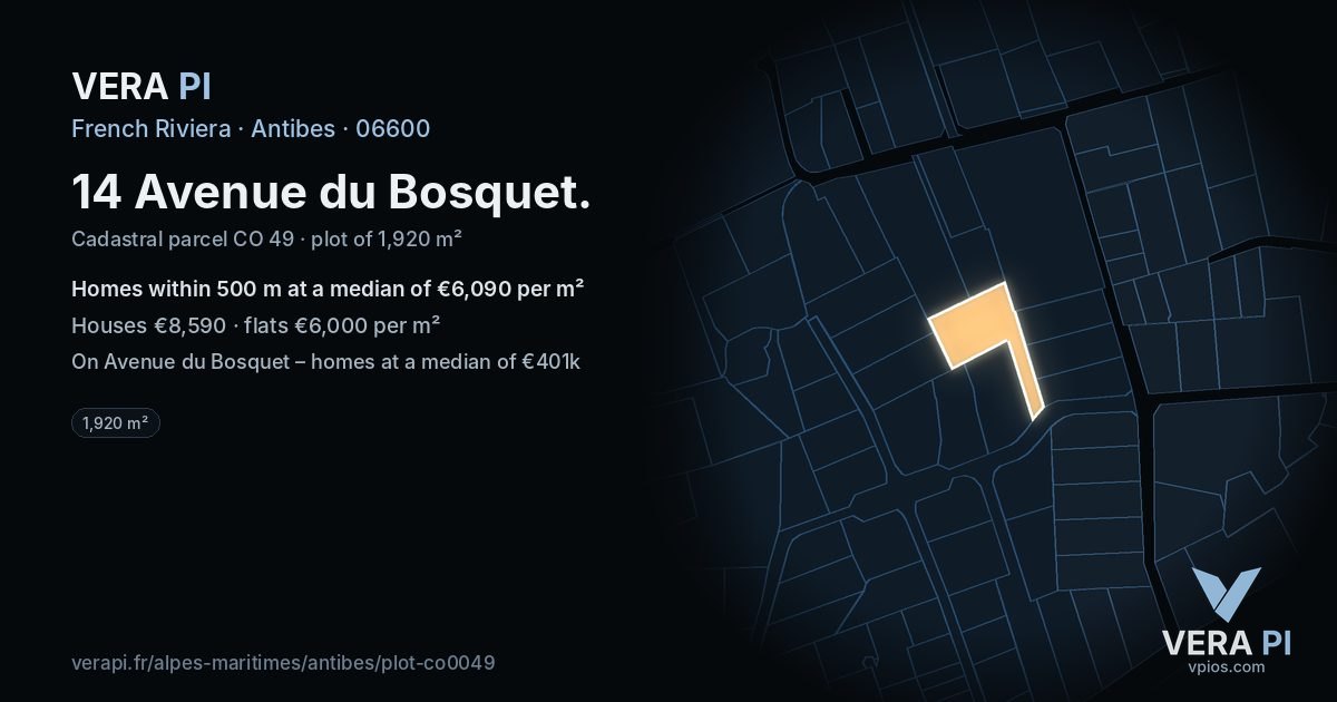 14 Avenue du Bosquet, Antibes at night – the plot lit, the parcels around coloured by the prices near them