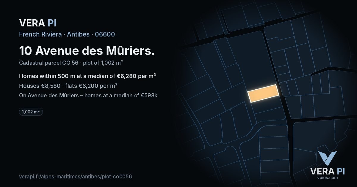 10 Avenue des Mûriers, Antibes at night – the plot lit, the parcels around coloured by the prices near them