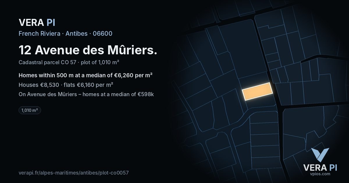 12 Avenue des Mûriers, Antibes at night – the plot lit, the parcels around coloured by the prices near them