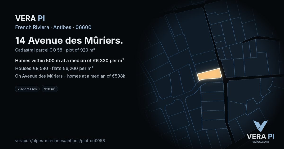 14 Avenue des Mûriers, Antibes at night – the plot lit, the parcels around coloured by the prices near them
