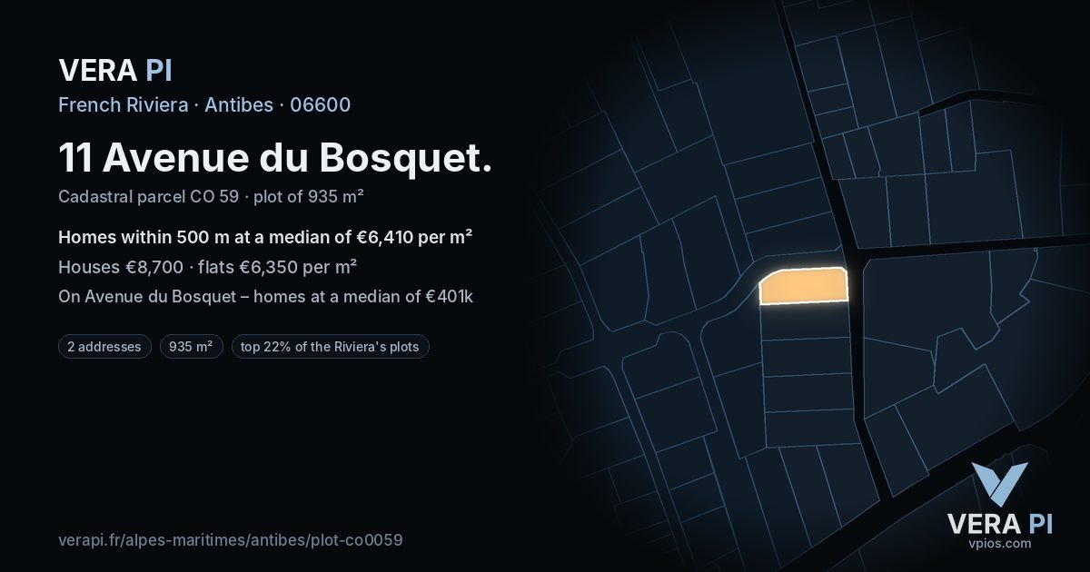 11 Avenue du Bosquet, Antibes at night – the plot lit, the parcels around coloured by the prices near them