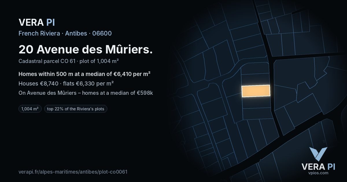 20 Avenue des Mûriers, Antibes at night – the plot lit, the parcels around coloured by the prices near them