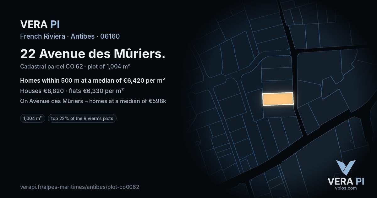 22 Avenue des Mûriers, Antibes at night – the plot lit, the parcels around coloured by the prices near them