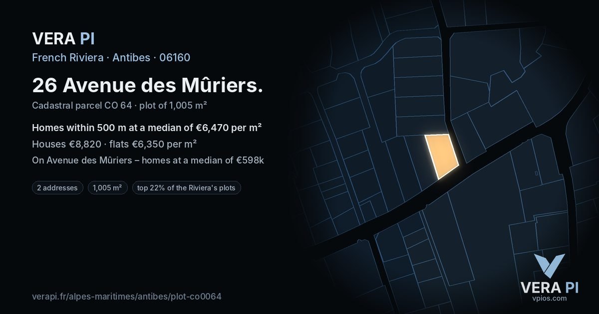 26 Avenue des Mûriers, Antibes at night – the plot lit, the parcels around coloured by the prices near them