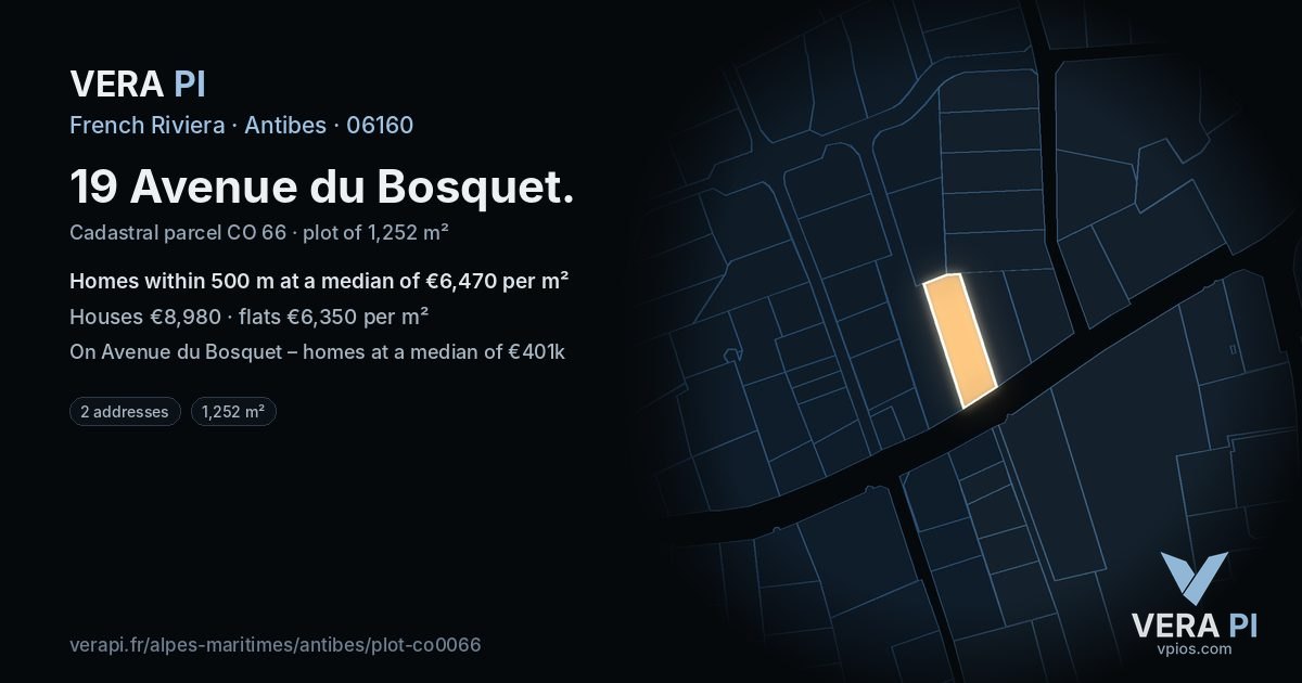 19 Avenue du Bosquet, Antibes at night – the plot lit, the parcels around coloured by the prices near them