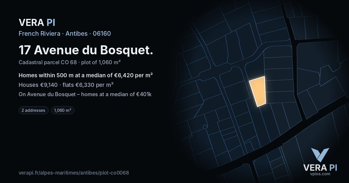 17 Avenue du Bosquet, Antibes at night – the plot lit, the parcels around coloured by the prices near them