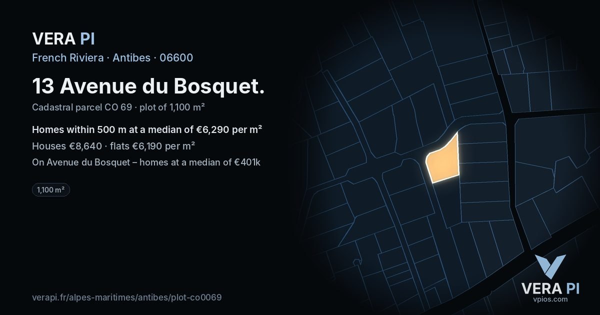 13 Avenue du Bosquet, Antibes at night – the plot lit, the parcels around coloured by the prices near them