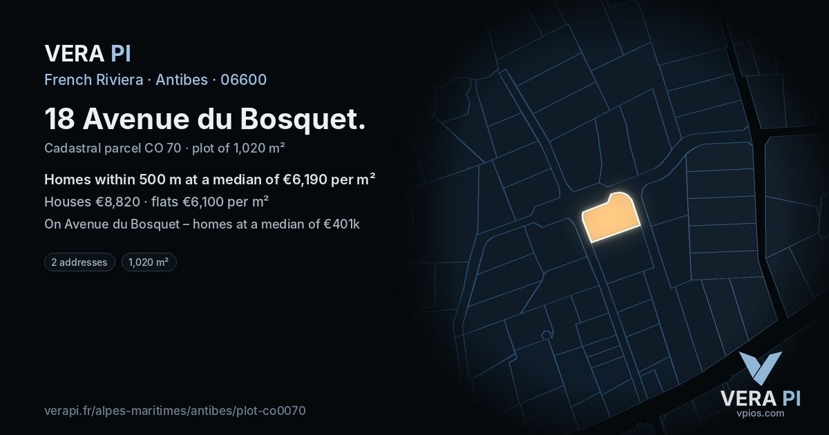 18 Avenue du Bosquet, Antibes at night – the plot lit, the parcels around coloured by the prices near them